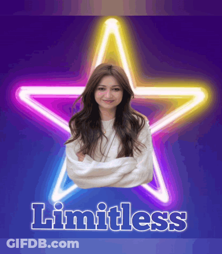 A Woman Is Standing In Front Of A Neon Star And The Word Limitless Is On The Bottom GIF