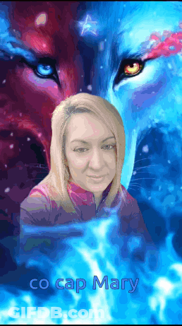 A Woman Is Standing In Front Of A Painting Of A Wolf And The Name Mary Is On The Bottom GIF