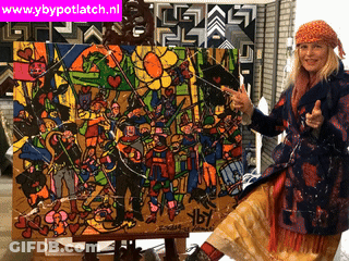 A Woman Is Standing In Front Of A Painting With The Website Www.ybbypotlatch.nl Visible GIF