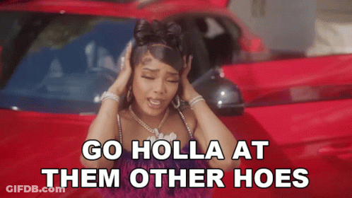 A Woman Is Standing In Front Of A Red Car With Her Hands On Her Ears And The Words Go Holla At Them Other Hoes Above Her GIF
