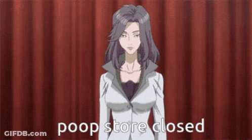 A Woman Is Standing In Front Of A Red Curtain With The Words Poop Store Closed Written Below Her GIF