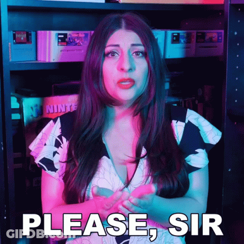 A Woman Is Standing In Front Of A Shelf Of Video Games And Says Please Sir GIF