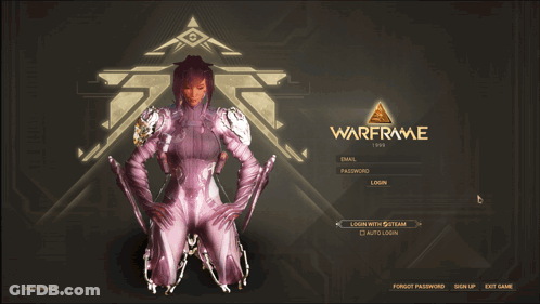 A Woman Is Standing In Front Of A Sign For Warframe GIF