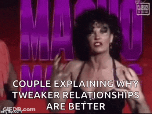 A Woman Is Standing In Front Of A Sign That Says Couple Explaining Why Tweaker Relationships Are Better . GIF