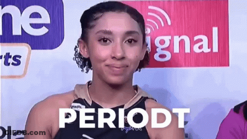 A Woman Is Standing In Front Of A Sign That Says Periodt GIF