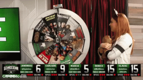 A Woman Is Standing In Front Of A Spinning Wheel That Says Round 2 On It GIF