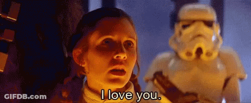 A Woman Is Standing In Front Of A Stormtrooper And Saying `` I Love You '' . GIF
