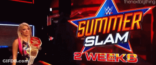 A Woman Is Standing In Front Of A Summer Slam Sign GIF