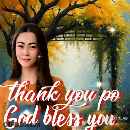 A Woman Is Standing In Front Of A Tree And Says Thank You Po God Bless You GIF