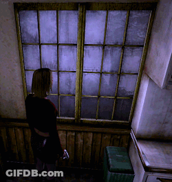 A Woman Is Standing In Front Of A Window With A Purple Background GIF