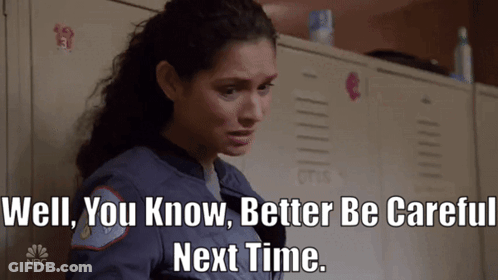 A Woman Is Standing In Front Of Lockers With The Words Well You Know Better Be Careful Next Time GIF