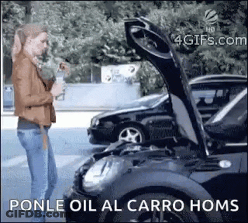 A Woman Is Standing Next To A Broken Down Car With The Hood Open . GIF