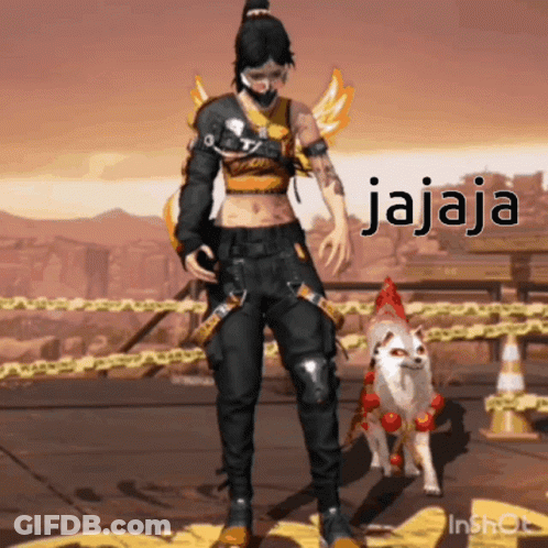 A Woman Is Standing Next To A Dog In A Video Game With The Words Jajaja Written On The Screen . GIF