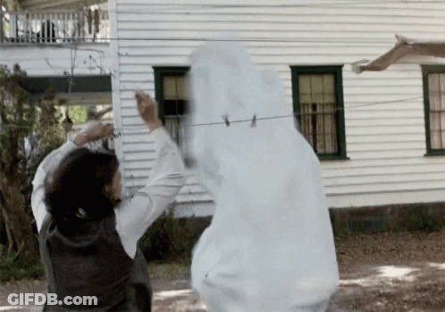 A Woman Is Standing Next To A Ghost Hanging On A Clothes Line In Front Of A White House . GIF