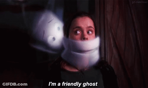 A Woman Is Standing Next To A Ghost With A Bandage Around Her Neck . GIF