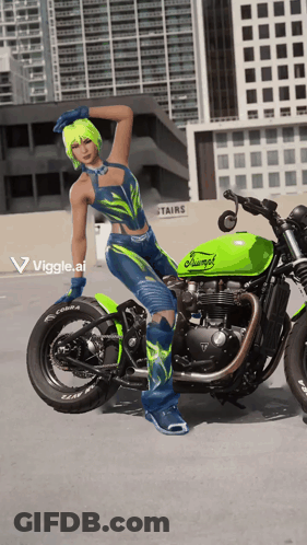 A Woman Is Standing Next To A Green Motorcycle With The Word Triumph On It GIF