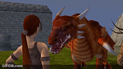 A Woman Is Standing Next To A Large Red Dragon GIF