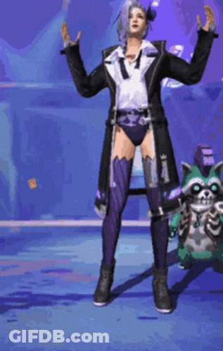 A Woman Is Standing Next To A Raccoon With Her Arms Outstretched . GIF