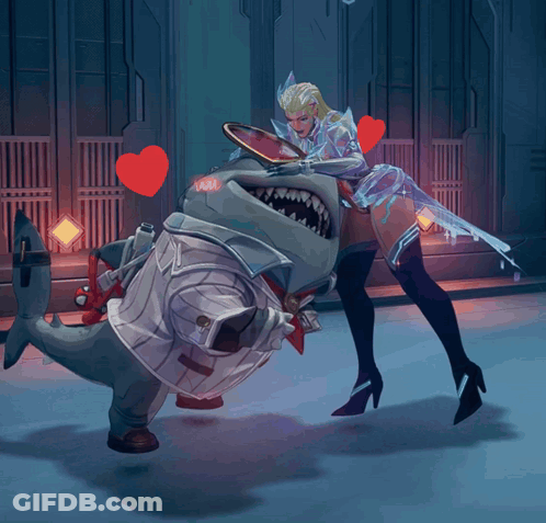 A Woman Is Standing Next To A Shark With Hearts Behind Them GIF