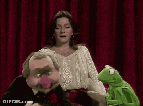 A Woman Is Standing Next To Kermit The Frog And Mr. Frog GIF