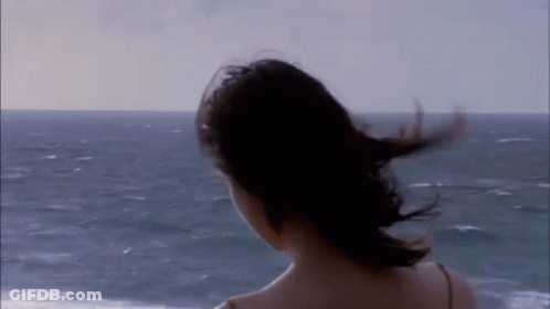 A Woman Is Standing On A Beach With Her Hair Blowing In The Wind And Looking At The Ocean . GIF