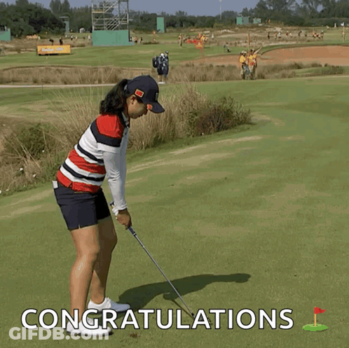 A Woman Is Standing On A Golf Course With The Words Congratulations Written On The Bottom GIF