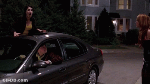 A Woman Is Standing On The Roof Of A Car While Another Woman Looks On With The Words " What ? " Above Her GIF