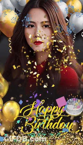 A Woman Is Surrounded By Balloons And Confetti With The Words Happy Birthday Written On The Bottom GIF