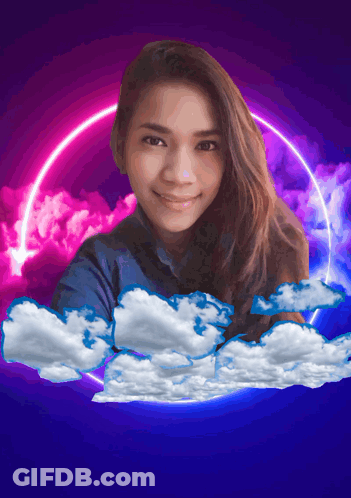 A Woman Is Surrounded By Clouds And A Pink And Blue Circle GIF