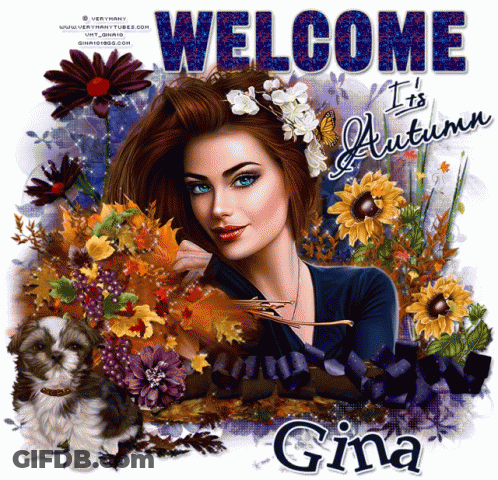 A Woman Is Surrounded By Flowers And Leaves With The Words Welcome It 'S Autumn Gina GIF