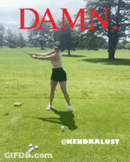A Woman Is Swinging A Golf Club On A Golf Course And The Word Damn Is Visible GIF