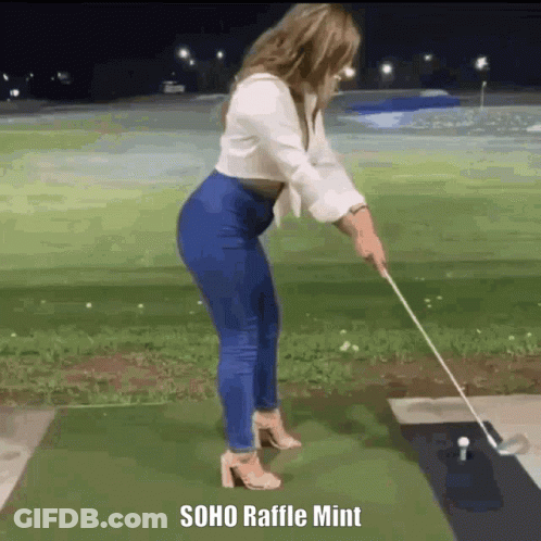 A Woman Is Swinging A Golf Club On A Golf Course With The Caption Soho Raffle Mint . GIF