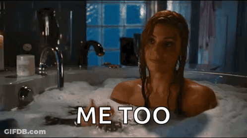 A Woman Is Taking A Bath In A Bathtub With The Words Me Too Written On The Bottom GIF