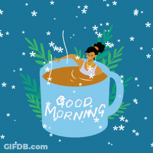 A Woman Is Taking A Bath In A Cup Of Coffee That Says Good Morning GIF