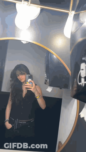 A Woman Is Taking A Selfie In A Bathroom Mirror With Her Phone . GIF
