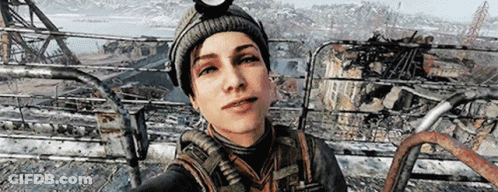 A Woman Is Taking A Selfie In A Video Game While Wearing A Beanie And Goggles . GIF
