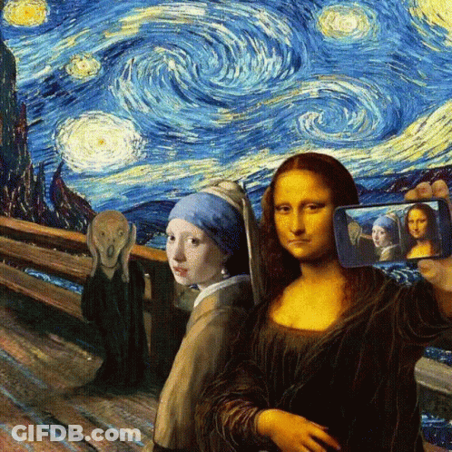 A Woman Is Taking A Selfie In Front Of A Starry Night Sky Painting GIF