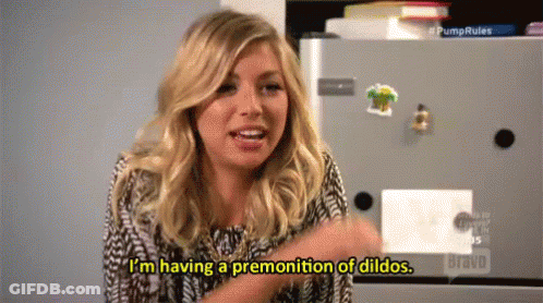 A Woman Is Talking About Having A Premonition Of Dildos GIF