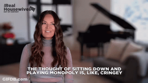 A Woman Is Talking About Playing Monopoly And Sitting Down GIF