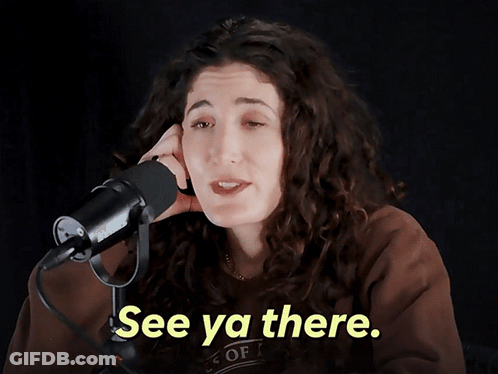 A Woman Is Talking Into A Microphone And The Words See Ya There Are On The Screen GIF