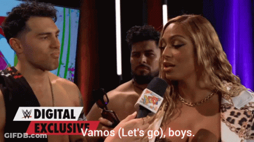 A Woman Is Talking Into A Microphone In Front Of A Sign That Says Vamos ( Let 'S Go ) Boys GIF