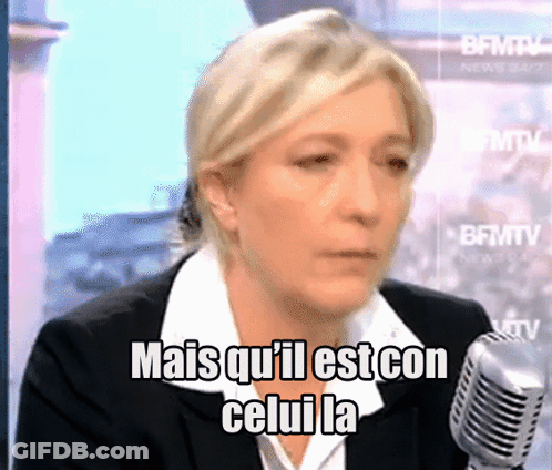 A Woman Is Talking Into A Microphone With The Words Mais Qu ' Il Est Con Celui La GIF