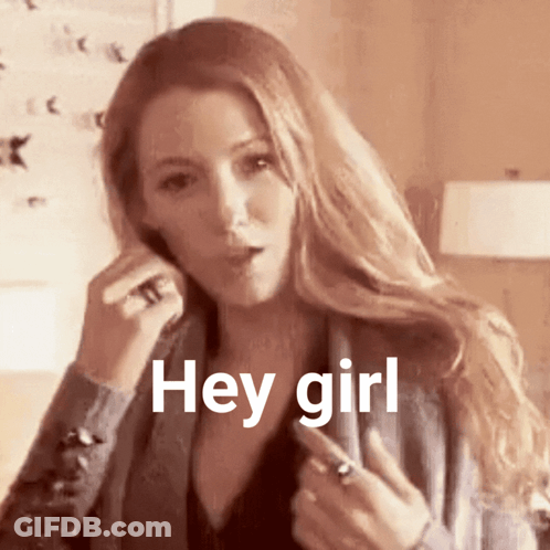 A Woman Is Talking On A Cell Phone And The Words Hey Girl Are On Her Face GIF