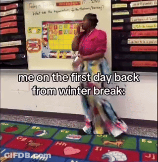 A Woman Is Talking On A Cell Phone In A Classroom With The Words Me On The First Day Back From Winter Break Written On T GIF