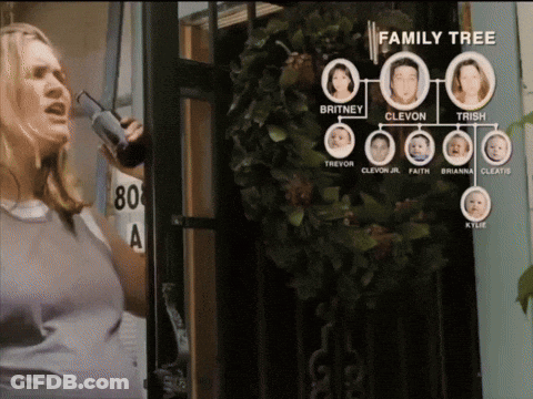 A Woman Is Talking On A Cell Phone With A Family Tree Behind Her GIF