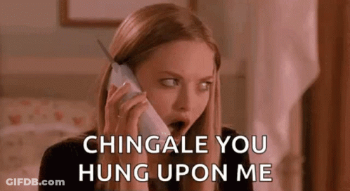 A Woman Is Talking On A Cell Phone With Her Mouth Open And Says `` Chingale You Hung Upon Me '' . GIF