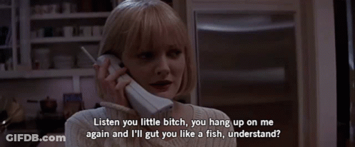 A Woman Is Talking On A Cell Phone With The Words Listen You Little Bitch GIF