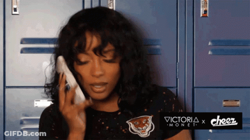 A Woman Is Talking On A Phone With A Cheez Logo In The Corner GIF