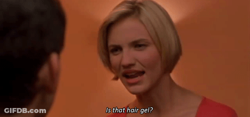 A Woman Is Talking To A Man And Asking If That Hair Gel Is That Hair Gel . GIF