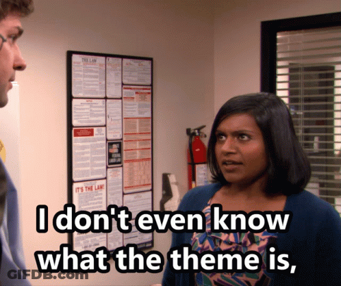 A Woman Is Talking To A Man And Says " I Don T Even Know What The Theme Is " GIF